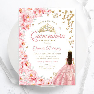 Gold White Pink Floral Quinceanera Invitation