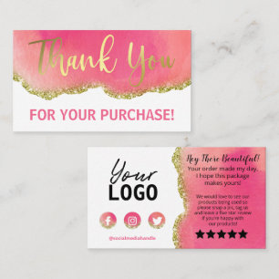 Gold White Pink Glitter Agate Thank You Purchase Business Card