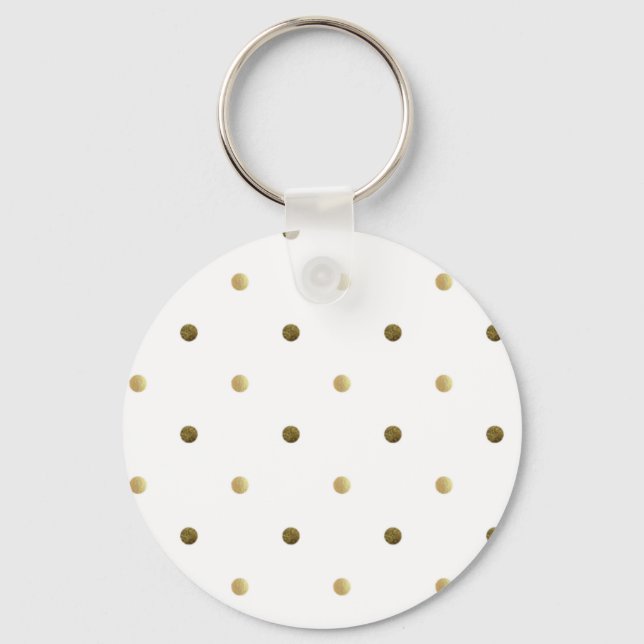 Gold White Polka Dots Golden Dots on White Key Ring (Front)