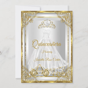 Gold White Quinceanera Dress tiara carriage Invitation
