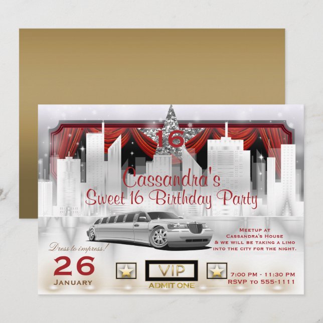 Gold White & Red City Lights Limo Birthday Party Invitation (Front/Back)