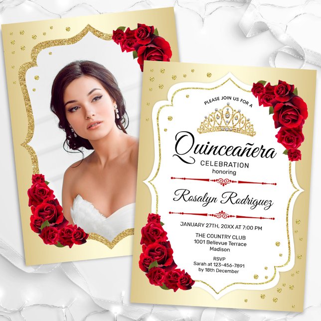  Gold White Red Photo Quinceanera Invitation (Creator Uploaded)