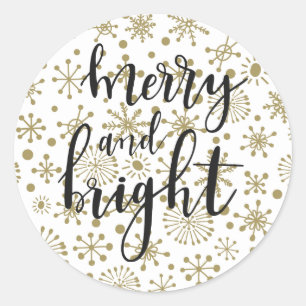 Gold & White Retro Snowflakes MERRY & BRIGHT Favou Classic Round Sticker