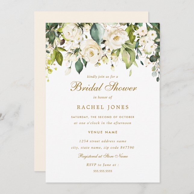 Gold White Rose Bridal Shower Invitation (Front/Back)