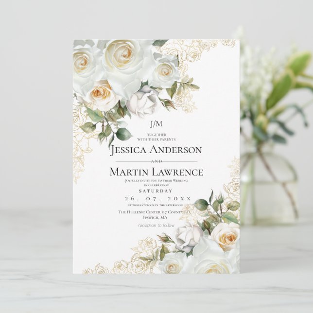 Gold White Rose Floral Elegant Wedding  Invitation (Standing Front)