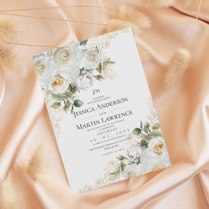 Gold White Rose Floral Elegant Wedding  Invitation