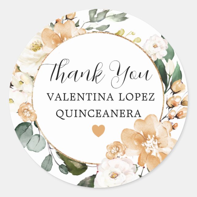 Gold White Rose Floral Quinceanera Thank You  Classic Round Sticker (Front)