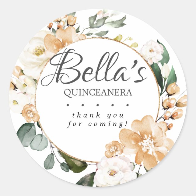 Gold White Rose Floral Quinceanera Thank You Classic Round Sticker (Front)