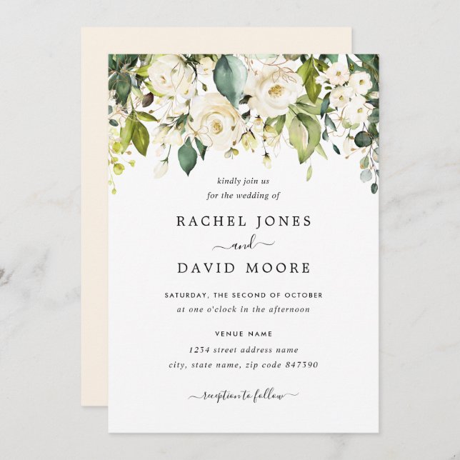 Gold White Rose Wedding Invitation (Front/Back)