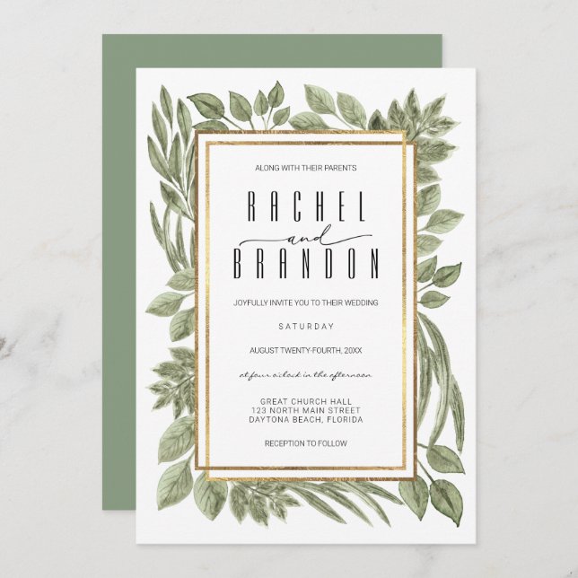Gold White Sage Green Greenery Watercolor Wedding Invitation (Front/Back)