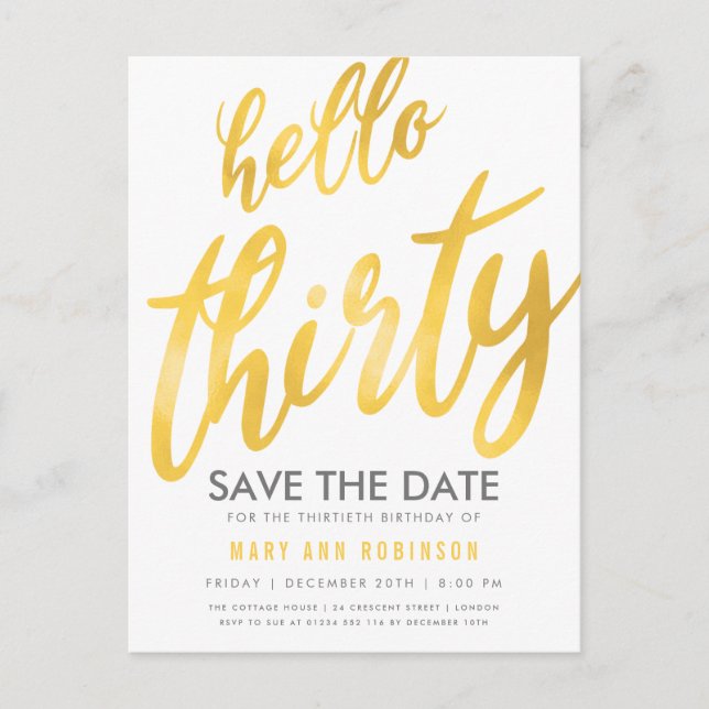 Gold White Save Date Thirty Birthday Party Postcard (Front)