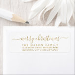 Gold White Script Christmas Return Address Label<br><div class="desc">Modern Elegant Gold and White Script Family  Name Christmas Return Address Labels. Featuring a pretty hand-written calligraphy swash-tail font script with saying "Merry Christmas". Great for Christmas holiday season,  easy to personalise them with your names and return address info.</div>