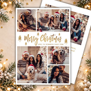 Gold White Script Christmas Trees 5 Photo Collage Holiday Card
