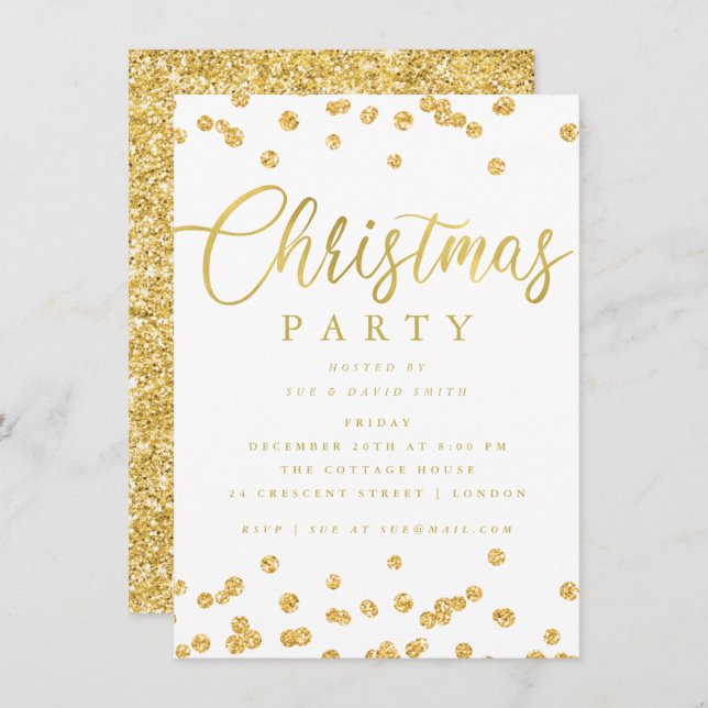 Gold White Script Confetti Holiday Christmas Party Invitation (Front/Back)