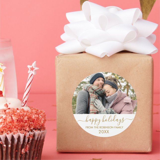 Gold White Script Couple Photo Happy Holidays Classic Round Sticker (Party)