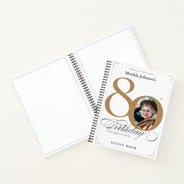 Gold White Script Elegant 80th Birthday Guestbook Notebook (Inside)