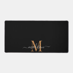 Gold White Script Monogram On Black Desk Mat