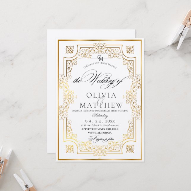  Gold & White Script Wedding Invitation (Front/Back In Situ)