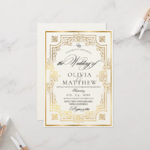  Gold & White Script Wedding Invitation