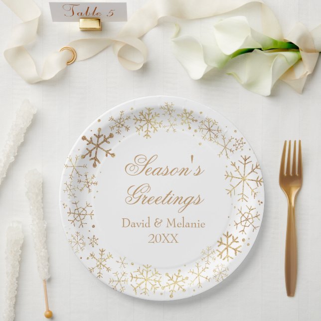 Gold White Season's Greetings Paper Plate (Wedding)