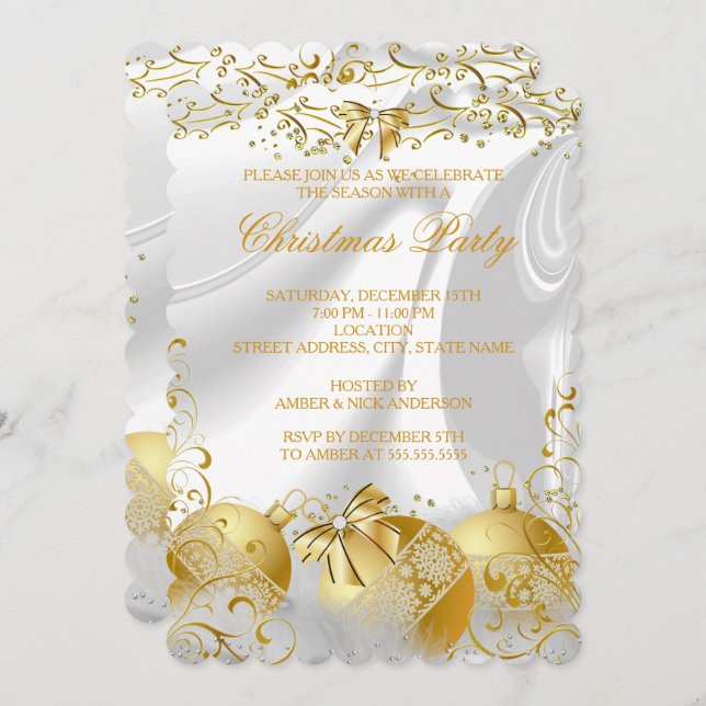 Gold White Silk Bow Bauble Christmas Party Invitation (Front/Back)