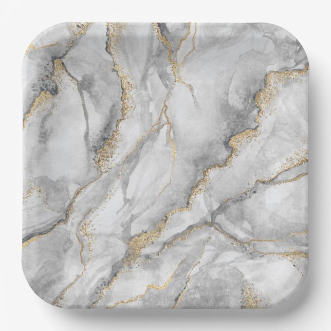 Gold White Silver Marble Pretty Paper Plate (Front)