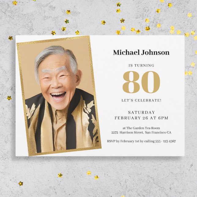 Gold White Simple Custom Photo 80th Birthday Party Invitation (Mockup View)