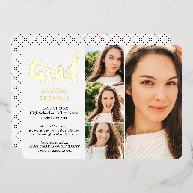Gold white simple Grad script 4 photos graduation (Front/Back)