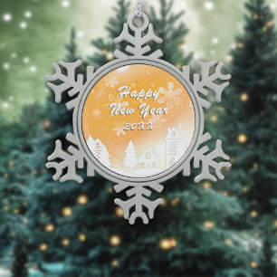 Gold White Snow House Happy New Year Snowflake Pewter Christmas Ornament