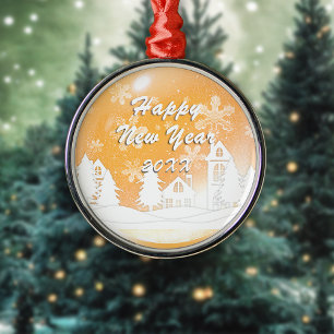 Gold White Snow House Merry Christmas Metal Tree Decoration
