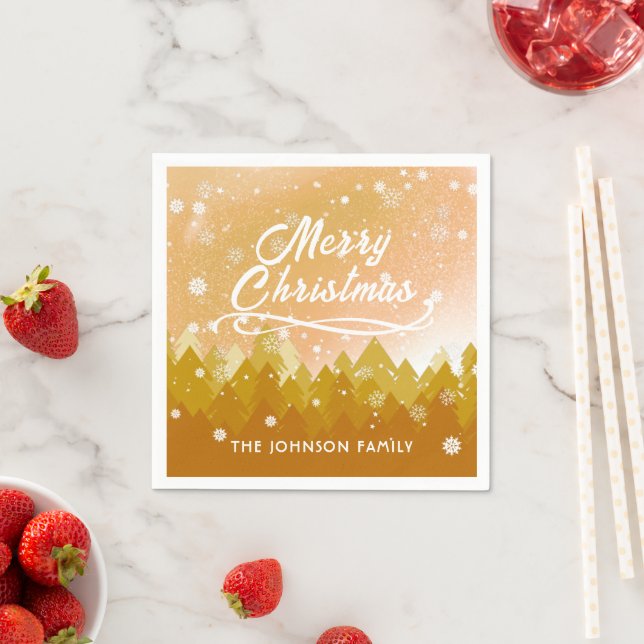 Gold White Snow Peaceful Forest Merry Christmas  Napkin (Insitu)