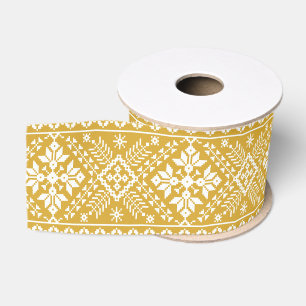 Gold White Snowflake & Floral Fair Isle Christmas Grosgrain Ribbon