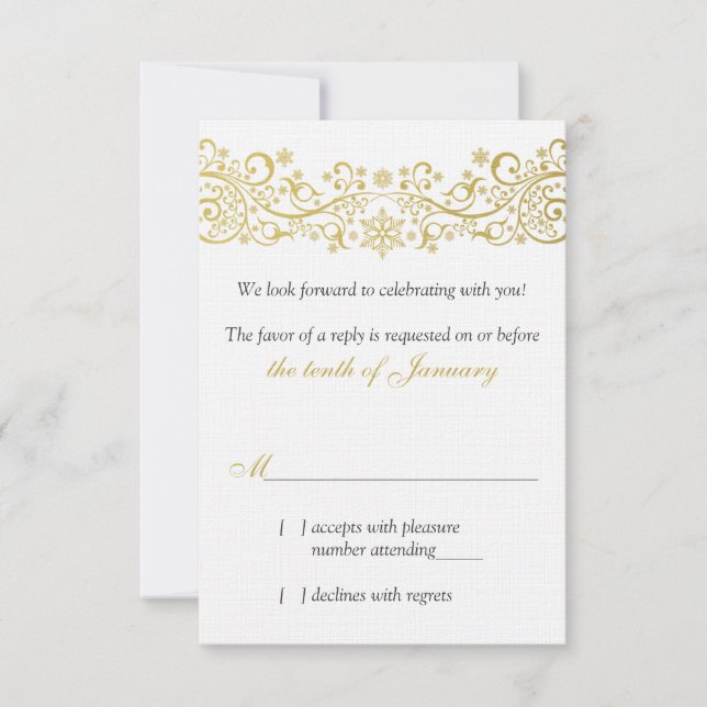 Gold White Snowflake Floral Wedding RSVP Reply (Front)