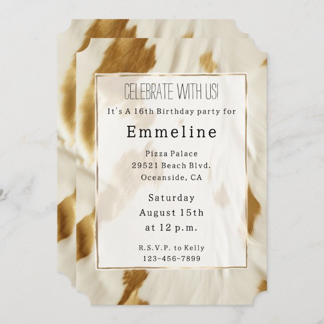 Gold White Southwest Cowhide Invitation (Front/Back)