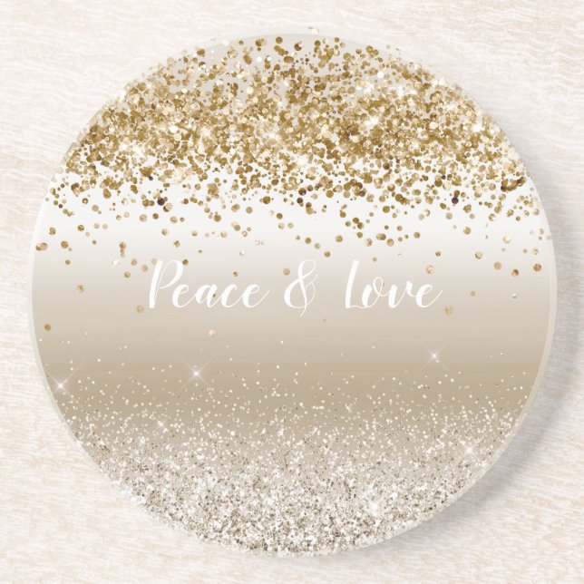 Gold White Sparkle Glitter Peace Love    Coaster (Front)