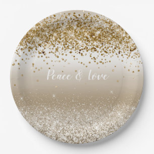 Gold White Sparkle Glitter Peace Love       Paper Plate