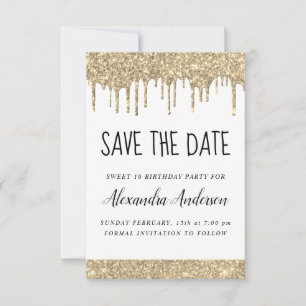 Gold White Sparkle Glitter Sweet 16 Save the Date Invitation