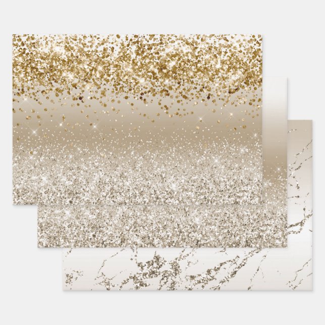 Gold White Sparkle Glitter   Wrapping Paper Sheet (Set)