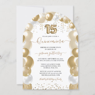 Gold White Sparkle Quinceañera Balloon Invitation
