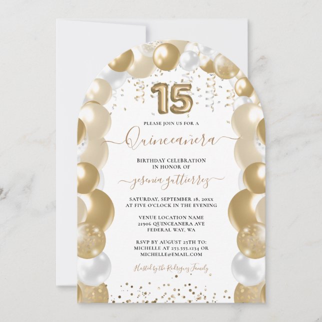 Gold White Sparkle Quinceañera Balloon Invitation (Front)
