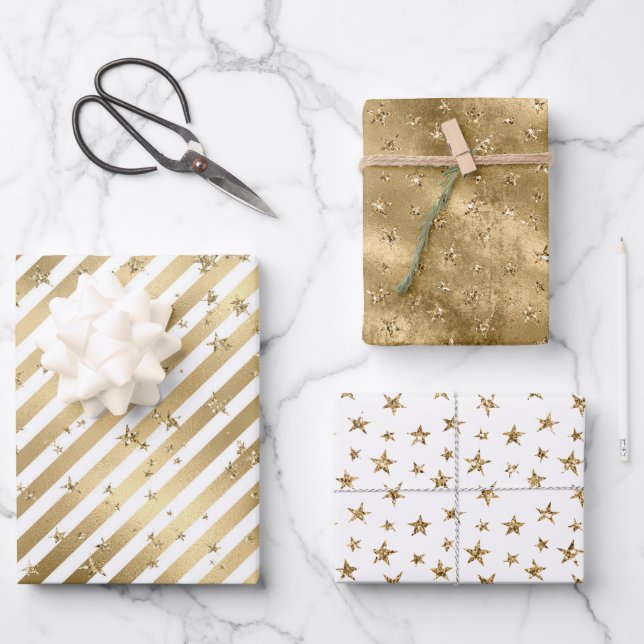 Gold White Stars and Stripes      Wrapping Paper Sheet (Front)