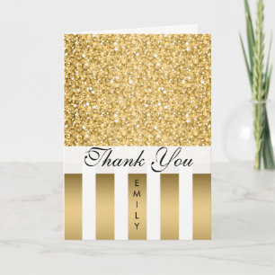 Gold White Stripes And Gold Glitter- Thank You Card