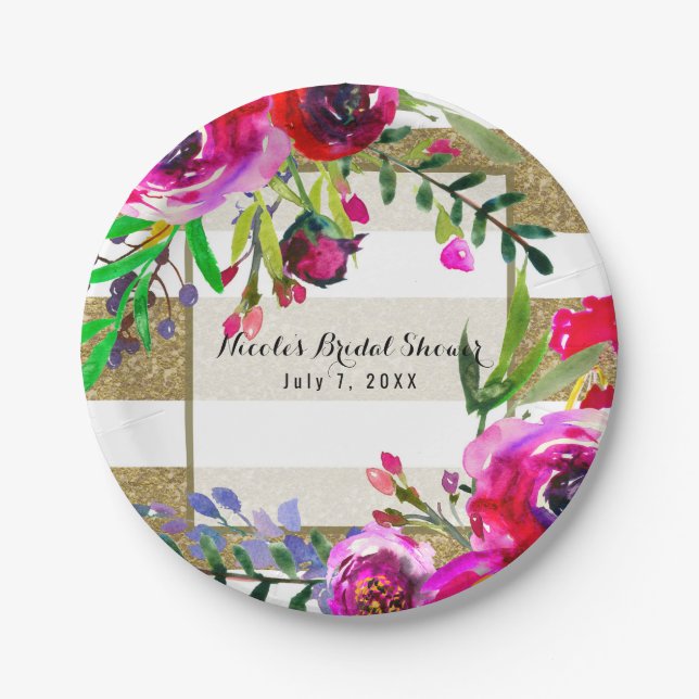 Gold White Stripes Bold Glam Floral Bridal Shower Paper Plate (Front)
