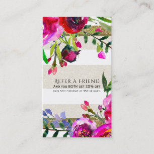 Gold White Stripes Bold Glam Floral Refer a Friend Referral Card