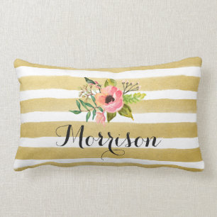 Gold White Stripes Chic Watercolor Flower Monogram Lumbar Cushion