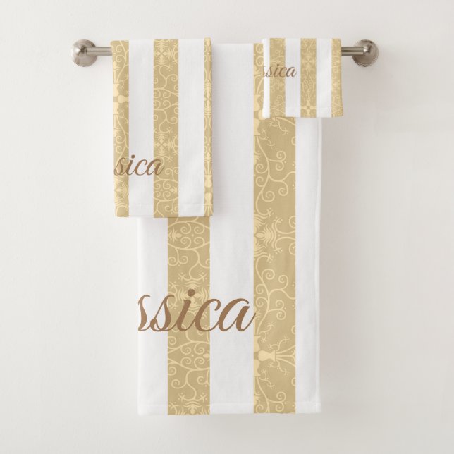 Gold & White Stripes Elegant Bath Towel Set (Insitu)