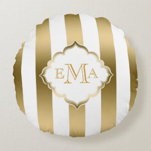 Gold & White Stripes Geometric Pattern Round Cushion