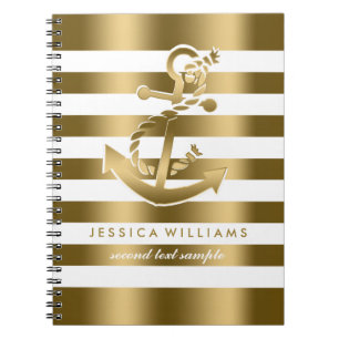 Gold & White Stripes Pattern With Anchor Spiral Notebook
