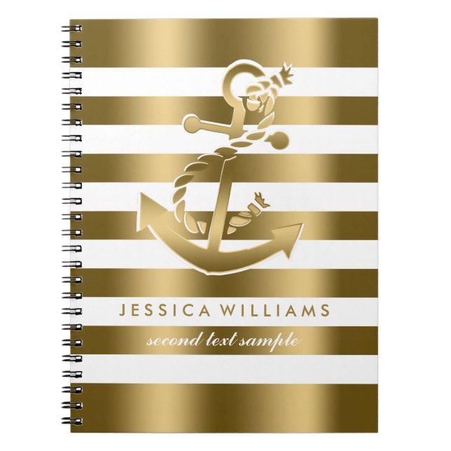 Gold & White Stripes Pattern With Anchor Spiral Notebook (Front)
