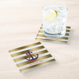 Gold & White Stripes With Blue Nautical Anchor Glass Coaster